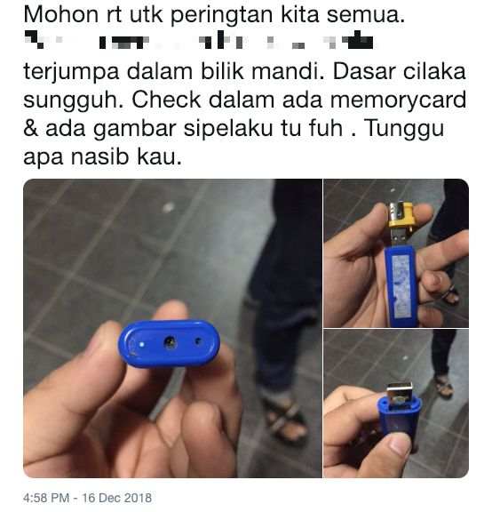 “Kantoi, Dalam SD Card Ada Gambar Pemilik,” Kamera Menyerupai Pemetik Api Dijumpai Dalam Bilik Mandi